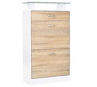 HOMCOM Armoire à Chaussures Meuble Rangement Chaussures 2 Portes abattantes 2 Compartiments, tiroir, Plateau en Verre - Bois chêne Blanc