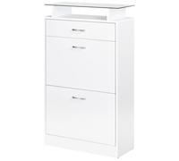HOMCOM Armoire à Chaussures Meuble Rangement Chaussures 2 Portes abattantes 2 Compartiments, tiroir, Plateau en Verre - Bois chêne Blanc