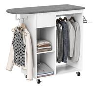 HOMCOM Armoire à repasser en bois table à repasser avec roulettes barre de suspension étagère 125 x 43,5 x 112 cm blanc