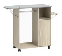 HOMCOM Armoire à repasser sur roulettes, table à repasser pliante, étagère réglable, barre de suspension, 127x42,5x99cm naturel