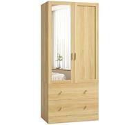 HOMCOM Armoire Chambre Penderie avec Miroir 80 x 50 x 180 cm Chêne | 2 Tiroirs, 2 Portes, Barre de Suspension, Armoire à Vêtements, Dressing, Style Moderne