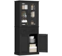 HOMCOM Armoire Cuisine Portes Acrylique tiroir 76x40x182.5cm Noir | Buffet haut, 2 portes, étagère réglable, garde-manger, pour cuisine/salon/salle à manger