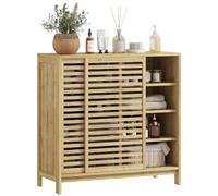 HOMCOM Armoire de Bain Bambou 2 Portes coulissantes 80x34x80 cm Naturel | Armoire de salle de bain auxiliaire, design à lattes, 4 étagères, pour cuisine/salon