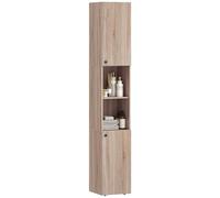 HOMCOM Armoire de Bain Haute 6 Niveaux Fine 30x31x182 cm Naturel | Armoire de rangement de salle de bain autoportante, 2 placards, étagères ouvertes, étagères réglables