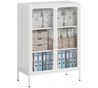 HOMCOM Armoire de Bureau à 3 Niveaux 2 Portes en Verre 80x40x110 cm Blanc | Meuble de Rangement Bureau en Acier, 2 Étagères Réglables, Armoire à Dossiers, Documents et Papeterie