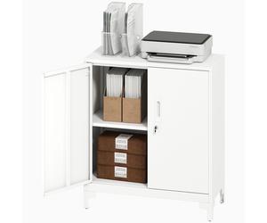 HOMCOM Armoire de bureau en métal, portes verrouillables, commode de bureau, design à 2 niveaux, Blanc