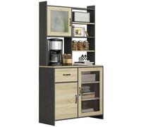 HOMCOM Armoire de cuisine 1 tiroir 3 placards 2 portes vitrées 90x39x177 cm Noir Naturel