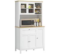 HOMCOM Armoire de cuisine, buffet cuisine avec plan de travail, vaisselier large avec 3 placards, tiroir, niches, passe-câble, étagères réglables et portes vitrées, style moderne, 100x40x180 cm, blanc