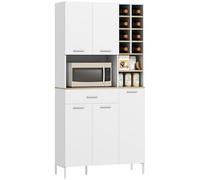 HOMCOM Armoire de cuisine buffet avec plan de travail, 5 portes, tiroir, étagère à vin, armoire haute avec étagères flexibles et trou pour câble, 90 x 35 x 183 cm, blanc