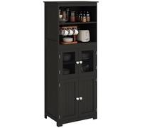 HOMCOM Armoire de Cuisine Buffet Cuisine vaisselier Meuble de Rangement avec 2 niches, 2 placards avec 4 Portes Dont 2 Portes vitrées, étagère réglable - dim. 60I x 30P x 162H cm Noir