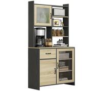 HOMCOM Armoire de cuisine buffet haut avec 1 tiroir 3 placards étagères 2 portes vitrées 90 x 39 x 177 cm noir naturel