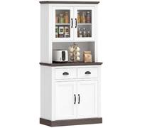 HOMCOM Armoire de Cuisine Haute 2 tiroirs 80x38x170 cm Blanc et Marron | Sideboard de cuisine avec portes vitrées, étagères réglables, compartiment ouvert, pour salle à manger, salon