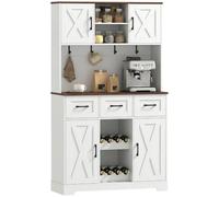 HOMCOM Armoire de Cuisine Haute 4 Portes 3 tiroirs Blanc 100x38x172 cm | Meuble de cuisine avec casier à vin 8 bouteilles, étagères ouvertes, grand plan de travail, 4 crochets, sortie de câble
