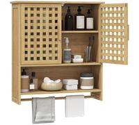 HOMCOM Armoire Murale de Salle de Bain en Bambou 62x20x66cm Bois Naturel | Meuble de Rangement Suspendu pour Salle de Bains, 2 Portes Ajourées, Compartiment Ouvert, Étagère Réglable