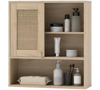 HOMCOM Armoire murale, meuble haut salle de bain avec porte coulissante en rotin et étagères ouvertes, bois naturel