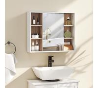 Armoire murale - HOMCOM - meuble salle de bain miroir rangement placard portes 6 compartiments - bois - 60x14,5x49,4cm - blanc