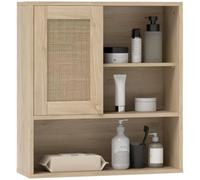 Armoire murale de salle de bain style cosy chic - porte coulissante rotin, étagère, niche - effet bois clair Beige G