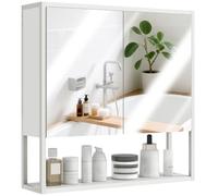HOMCOM Armoire Murale Salle de Bain avec Miroir 60 x 16 x 60 cm Blanc | Meuble Salle de Bain, Armoire de Toilette, 2 Portes, Étagère Réglable, Étagère Ouverte