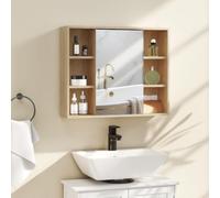 HOMCOM Armoire Murale Salle de Bain avec Miroir 60x14,5x49,4cm Naturel | Miroir Salle de Bain Avec Rangement, Placard à Portes et 6 Compartiments Ouverts
