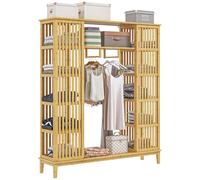 Armoire penderie en bambou - 2 portes coulissantes, 7 étagères, 2 barres