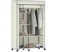 HOMCOM Armoire Penderie en Tissu Mobile 6 roulettes 103x43x162,5cm Crème | Meuble de Rangement, Tringle à Vêtements, Étagères Ouvertes, Penderie Vêtement Dressing Roulant, Chambre à Coucher