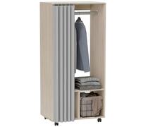 HOMCOM Armoire penderie mobile dressing avec rideau armoire de rangement 4 roulettes avec tringle de suspension et étagères, penderie vêtement roulant pour chambre, 60 x 40 x 128 cm effet bois naturel