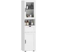 HOMCOM Armoire Salle de Bain Haute étroite vitrée 40x30x165 cm Blanc | Armoire colonne de salle de bain moderne et gain de place, étagère ouverte, tiroir, étagères réglables