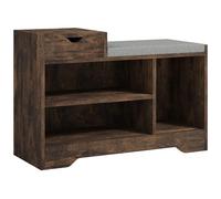 HOMCOM Banc à Chaussures 3 Compartiments 76,5 x 30 x 52 cm Brun Rustique | Banc de Rangement, 1 Tiroir, Meuble d'Entrée avec Coussin Rembourrée, pour Couloir, Entrée, Chambre