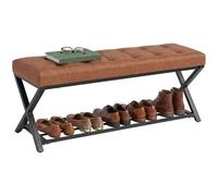 HOMCOM Banc à chaussures avec assise, étagère à chaussures rembourrée avec espace de rangement, banc industriel avec étagère, cadre en acier en forme de X, cuir synthétique, jusqu'à 220 kg, pour