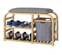 HOMCOM Banc à chaussures avec coussin d'assise, 2 étagères à lattes et panier en tissu coulissant, 70x30x45cm, bois naturel