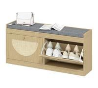 HOMCOM Banc à Chaussures avec Siège Rembourré Portes en Rotin Etagère Ajustable pour 8 Paires de Chaussures Naturel