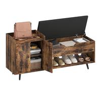 HOMCOM Banc à Chaussures, Banc de Hall Industriel, avec siège rembourré, Compartiment dissimulé, étagères, Portes, étagère Ouverte pour 3 Paires de Chaussures, pour Hall d'entrée, 127x35x59 cm, Brun