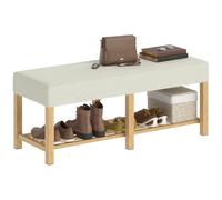 Banc à chaussures - HOMCOM - siège rembourré 2 places - étagère ouverte - bois hévéa - 120x44x48cm - naturel et beige