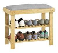 HOMCOM Banc à Chaussures en Bambou 60 x 29 x 49 cm, Gris et Bois Naturel | Étagère à Chaussures à 3 Niveaux, Style Scandinave, Banc de Rangement, pour Entrée, Salon, Chambre, Charge 150 Kg