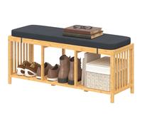 HOMCOM Banc à chaussures en bambou, banc d'entrée avec coussin rembourré et étagère ouverte, aspect bois naturel