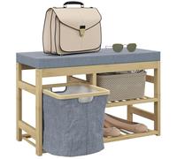 HOMCOM Banc à chaussures en bambou, meuble rangement avec siège, panier amovible et étagères pour 4 paires de chaussures, pour entrée/couloir, 69 x 30 x 45 cm Naturel