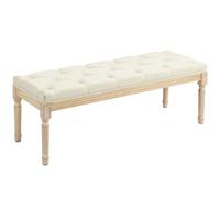 HOMCOM Banc Banquette Classique Capitonné 115cm Bout de Lit en Lin Crème | Rembourrée, Bois d'Hévéa Sculpté, Patiné