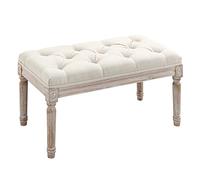 HOMCOM Banc Banquette Classique capitonné 80cm Bout de lit Rembourrée en Lin - Bois d'hévéa sculpté, patiné - Beige