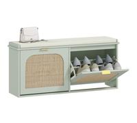HOMCOM Banc Chaussures entrée, Banc de Rangement étroit, Assise rembourrée, Porte en rotin, 2 tiroirs rabattables et étagères réglables, Style bohème, pour entrée, Couloir, 104 x 26 x 47,5 cm, Vert
