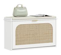 HOMCOM Banc Chaussures Entrée Assise Rembourrée 80 x 26 x 47,5 cm Blanc | Banc de Rangement Étroit, Porte en Rotin, Tiroir Rabattable, Étagère Réglable, Style Bohème, pour Entrée, Couloir