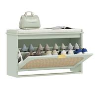 HOMCOM Banc Chaussures entrée, Banc de Rangement étroit, Assise rembourrée, Porte en rotin, tiroir Rabattable et étagère réglable, Style bohème, pour entrée, Couloir, 80 x 26 x 47,5 cm, Vert