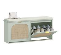 HOMCOM Banc Chaussures entrée, Banc de Rangement étroit, Assise rembourrée, Porte en rotin, 2 tiroirs rabattables et étagères réglables, Style bohème, pour entrée, Couloir, 104 x 26 x 47,5 cm, Vert
