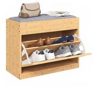 HOMCOM Banc Chaussures entrée en Bambou 63x29x48cm Bois Naturel | Banc de Rangement, Assise Rembourrée, Porte en Rotin, Tiroir Rabattable et Étagère Réglable, Meubles pour Entrée
