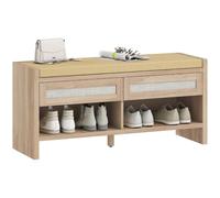 HOMCOM Banc Chaussures Entrée Lin 108 x 35 x 50 cm Chêne et Marron Clair | Banc de Rangement, Assise Rembourrée, 2 Tiroirs en Rotin, Étagère Ouverte, Style Bohème, Siège Entrée, Couloir