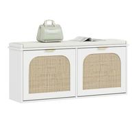 HOMCOM Banc Chaussures étroit rembourré, 2 tiroirs basculants, Blanc | Banc de rangement Boho, portes en rotin, étagères réglables, pour couloir, entrée, contient 10 paires