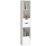 HOMCOM Bibliothèque 158 cm avec tiroirs, étagère 3 Niveaux, Meuble de Rangement étroit avec Portes et étagère réglable, Blanc