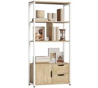 HOMCOM Bibliothèque 4 étagères, 2 tiroirs, Porte, 58x24x122 cm, Bois nat. | Rangement avec tiroirs, pour livres, étagère industrielle, salon, chambre, bureau, salle d'étude