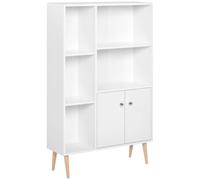 HOMCOM Bibliothèque scandinave dim. 80L x 23,5l x 123H cm 5 niches Placard 2 Portes Pieds effilés inclinés Bois Massif Panneaux Particules Blanc