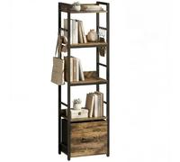 Bibliothèque - HOMCOM - 4 niveaux et tiroir - 8 crochets - cadre en métal - 39x26x136,5cm - brun rustique