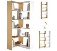 HOMCOM Bibliothèque à 5 étagères, design rotatif à 350°, 3 modes de rangement, bibliothèque d'angle en L, gain de place, étagère de rangement pour salon, bureau, 111,5 x 23,8 x 163,7 cm, couleur bois